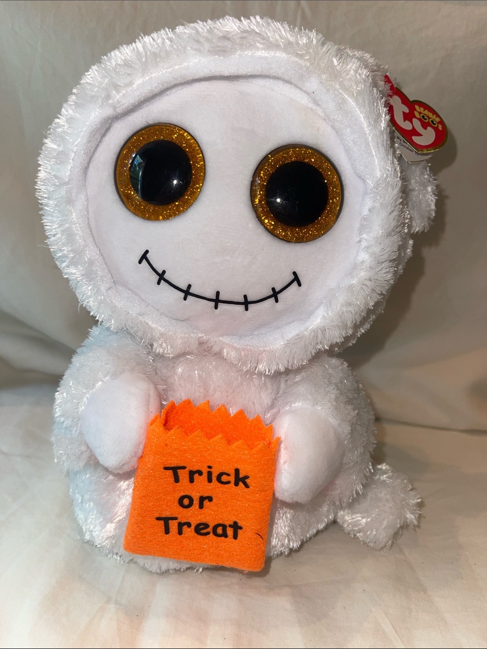 Ty White Beanie Boo Ghost Plush with Orange Trick or Treat Bag